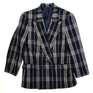 80s vintage window pane plaid oversized double-breasted  NAVY/WHITE wool jacket